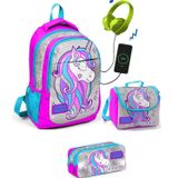 Coral High Kız Çocuk Pembe Unicorn 3'lü Çanta Takımı USB Soketli Sırt Çantası