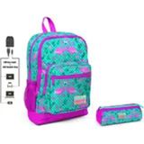 Coral High Kız Çocuk Usb Soketli Yeşil Flamingo Baskılı İlkokul Sırt Çantası ve Kalemlik Seti