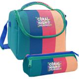 Coral High Kız Çocuk Yeşil Mavi Pembe Renkli Çizgili Thermo Beslenme Çantası ve Üç Bölmeli Kalemlik Seti