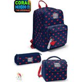Coral High Lacivert Kırmızı Kalp Desenli 4 Gözlü Okul Sırt Çantası , Thermo Beslenme Çantası,kalemlik Set