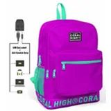 Coral High Logo Nakışlı Mor Yeşil Ortaokul Lise ve Günlük Usb ve Aux Soketli Sırt Çantası