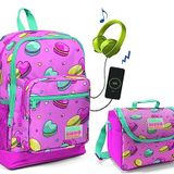 Coral High Makaron Baskılı Kız Çocuk USB Soketli Okul Çantası ve Beslenme Çantası Seti