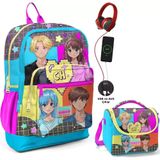 Coral High Mavi Pembe Anime USB Soketli Okul Çantası + Beslenme Çantası Seti