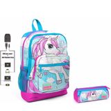 Coral High Mavi Unicorn Baskılı İlkokul Sırt Çantası ve Kalemlik Seti - Kız Çocuk - USB Soketli (Çok Renkli) Okul Çantası