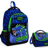 Coral High Mavi Yeşil Dragon Ilkokul Okul Sırt ve Beslenme Çantası Seti - Erkek Çocuk