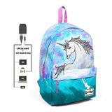 Coral High Mavi Yeşil Unicorn Desenli Sırt Çantası - Okul e Günlük - Usb+aux Soketli Okul Çantası