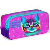 Coral High Mor Pembe Kedi Desenli Iki Bölmeli Kalem Çantası