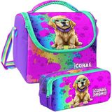 Coral High Mor Pembe Köpek Desenli Kız Çocuk Isı Yalıtımlı Beslenme Çantası ve Kalemlik Seti - Mor - Yeşil
