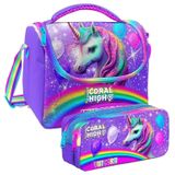 Coral High Mor Simli Unicorn Desenli Kız Çocuk Isı Yalıtımlı Beslenme Çantası Ve Kalemlik Seti
