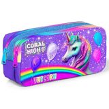 Coral High Mor Simli Unicorn İki Bölmeli Kalem Çantası - Kız Çocuk