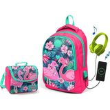Coral High Narçiçeği Flamingo Okul ve Beslenme Çantası - Kız Çocuk - USB Soketli - Kırmızı Flamingo