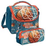 Coral High Nefti Turuncu Basketbol Desenli Erkek Çocuk Isı Yalıtımlı Beslenme Çantası ve Kalemlik Se