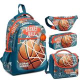 Coral High Nefti Turuncu Basketbol Desenli Erkek Çocuk Okul Sırt Çantası Beslenme Kalemlik ve Bel Çantası Seti - İlkokul için Uygun
