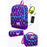 Coral High Okul Çantası Mor Pembe Kaktüs Desenli USB'li 3'lü Set, SET01K74.1