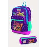 Coral High Okul Çantası Mor Pembe Kedi Desenli 2'li Set, Orta, SET02K74, Koyu Mor Pembe, kız-çocuk