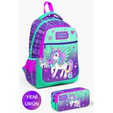 Coral High Okul Çantası Mor Su Yeşili Unicorn Desenli 2'li Set, Orta, GOSET02K124, Mor Su Yeşili Unicorn, üniseks-çocuk