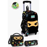 Coral High Okul Çantası Ninja Desenli Çekçekli 3'lü Set LED Tekerlekli 38 cm Siyah Sarı, Orta, SET01K121.1, Siyah Sarı, üniseks-çocuk