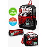 Coral High Okul Çantası Seti Siyah Kırmızı Anime Araba Desen 3'lü Set Kalemlik ve Beslenme Çantası, Orta, GOSET01K74, Siyah Kırmızı Anime Araba, üniseks-çocuk