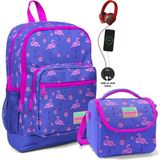 Coral High Okul Çantası ve Beslenme Çantası Seti - Kız Çocuk Mor Flamingo - USB Soketli - Mor Pembe Flamingo