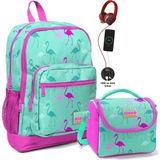 Coral High Okul Çantası ve Beslenme Çantası Seti - Kız Çocuk Yeşil Flamingo - USB Soketli - Yeşil Pembe Flamingo