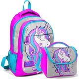 Coral High Okul Sırt Çantası ve Beslenme Çantası Kız Çocuk Gri Unicorn - Pembe Mavi Unicorn