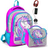 Coral High Okul Sırt Çantası ve Beslenme Çantası Seti - Kız Çocuk Pembe Unicorn - USB Soketli