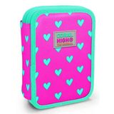Coral High Organizer İki Katlı Kalem Çantası - Yeşil Pembe Kalp Desenli, Kız Çocuk, Yeşil Pembe Kalp Desenli