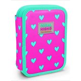 Coral High Organizer İki Katlı Kalem Çantası - Yeşil Pembe Kalp Desenli, Kız Çocuk, Yeşil Pembe Kalp