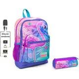 Coral High Pembe Flamingo Baskılı Kız Çocuk Usb Soketli İlkokul Sırt Çantası ve Kalemlik Seti
