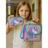 Coral High Pembe Gümüş Simli Unicorn Desenli Iki Bölmeli Kalem Çantası ve Thermo Beslenme Çantası