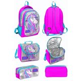 Coral High Pembe Gümüş Simli Unicorn Desenli Üç Bölmeli Okul Sırt Çantası Beslenme Çantası Kalem Çantası