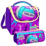 Coral High Pembe Mor Voleybol Desenli Kiz Cocuk Isi Yalitimli Beslenme Cantasi Ve Kalemlik Seti