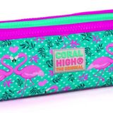 Coral High Pembe-Yeşil Flamingo Baskılı Üç Bölmeli Kalem Çantası -Kız Çocuk