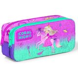 Coral High PZM1531 Kids 2 Bölmeli Kız Çocuk Pembe Yeşil Prenses ve Unicorn Kalem Çantası Kalemlik