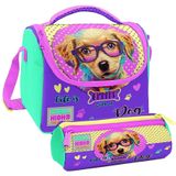 Coral High Sarı Pembe Sevimli Köpek Desenli Kız Çocuk Isı Yalıtımlı Beslenme Çantası ve Kalemlik Set