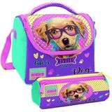 Coral High Sarı Pembe Sevimli Köpek Desenli Kız Çocuk Isı Yalıtımlı Beslenme Çantası ve Kalemlik Seti - Sarı - Pembe