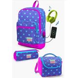 Coral High SET0123806 Kids Lavanta Pembe Kalp Desenli Usb'li 3’lü Okul Çanta Seti