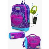 Coral High SET0123840 Kids Mor Mavi Pembe Kalp Desenli Usb'li 3’lü Okul Çanta Seti
