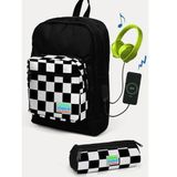 Coral High SET0223814 Kids Siyah Dama Desenli Usb'li 2'li Okul Çanta Seti