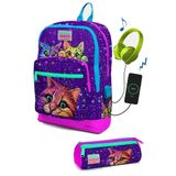 Coral High SET0223832 Kids Mor Pembe Kedi Desenli Usb'li 2'li Okul Çanta Seti