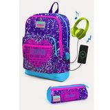 Coral High SET0223840 Kids Mor Mavi Pembe Kalp Desenli Usb'li 2'li Okul Çanta Seti