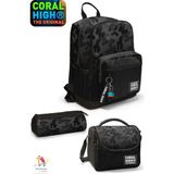 Coral High Siyah 4 Gözlü Okul Sırt Çantası , Thermo Beslenme Çantası,kalemlik Set