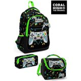 Coral High Siyah Fosforlu Yeşil- Gamer Desenli 3’lü Okul Çantası