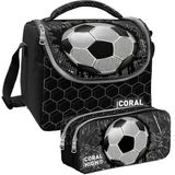 Coral High Siyah Futbol Desenli Erkek Çocuk Isı Yalıtımlı Beslenme Çantası ve Kalemlik Seti - Siyah - Beyaz