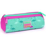 Coral High Su Yeşili Neon Pembe Flamingo Desenli Üç Bölmeli Kalem Çantası