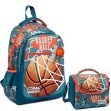 Coral High Uc Gozlu Ilkokul Cantasi Ve Beslenme Cantasi - Nefti Turuncu Basketbol Desenli - Erkek Cocuk
