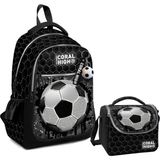 Coral High Üç Gözlü Ilkokul Çantası ve Beslenme Çantası - Siyah Futbol Desenli - Erkek Çocuk - Siyah - Beyaz