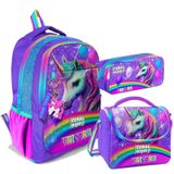 Coral High Üç Gözlü İlkokul Ve Ortaokul Çanta Seti - Kız Çocuk - Mor Simli Unicorn Desenli