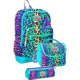 Coral High Üçlü Set Kız Çocuk Okul Çanta Seti Yeşil Mor Leopar Su Geçirmez Polyester 3 Parça - Yeşil - Mor