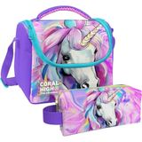 Coral High Unicorn Desenli Kız Çocuk Isı Yalıtımlı Beslenme Çantası ve Kalemlik Seti - Pembe - Pembe